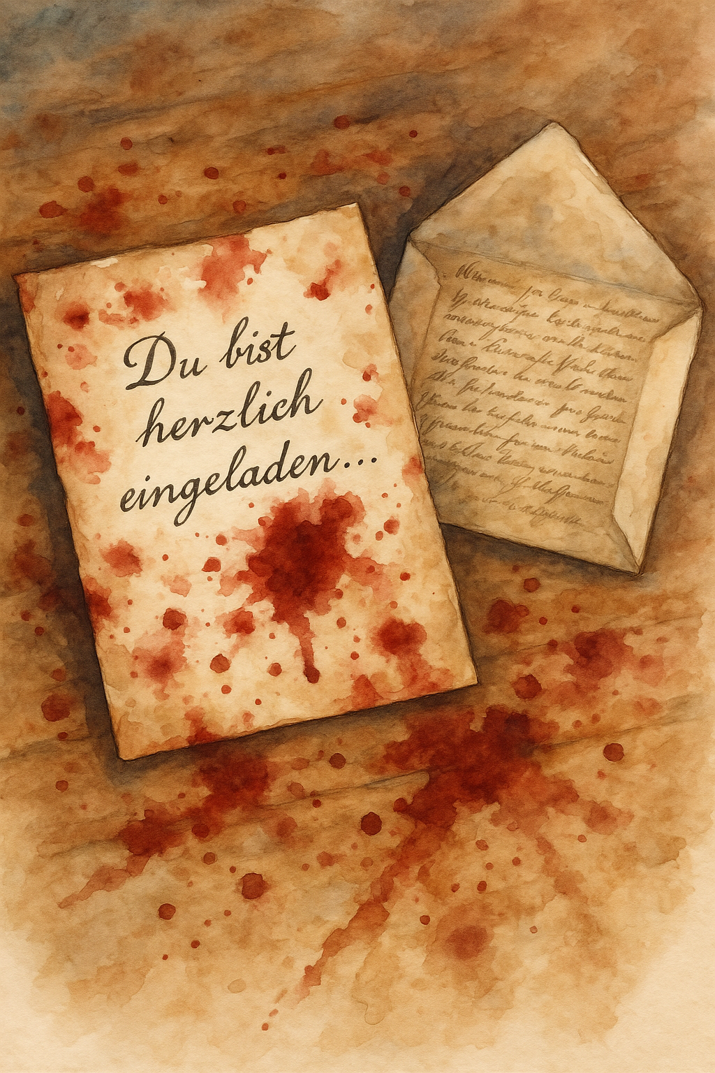 Ein blutiges Einladungsschreiben auf einem Tisch daneben ein geffnet Brief im Aquarell Style mit altertmlicher Schrift