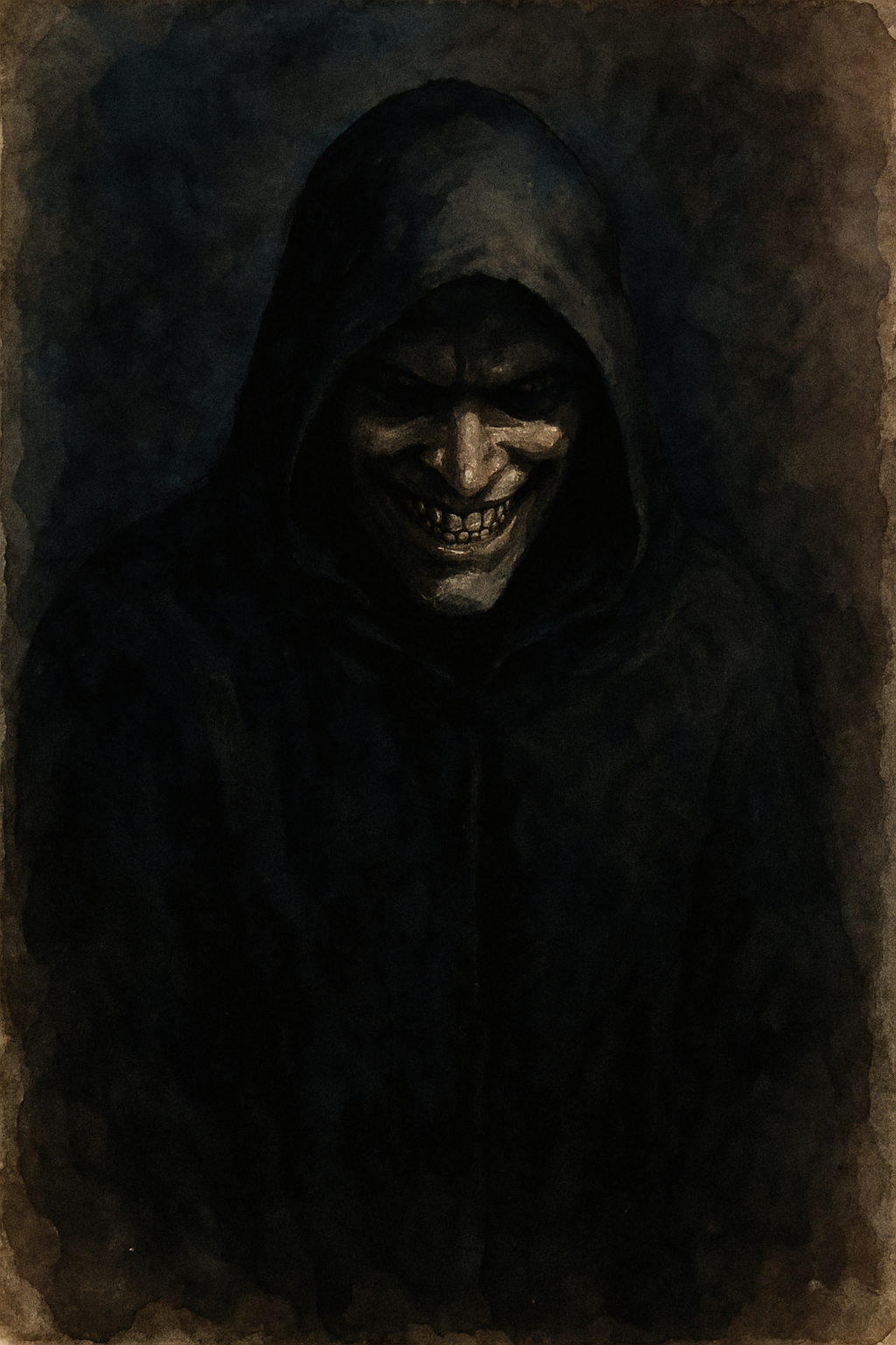 Eine Verdeckte bswillig aussehende Figur in schwarz gekleidet mit einem bsen grinsen in aquarell bei wenig licht