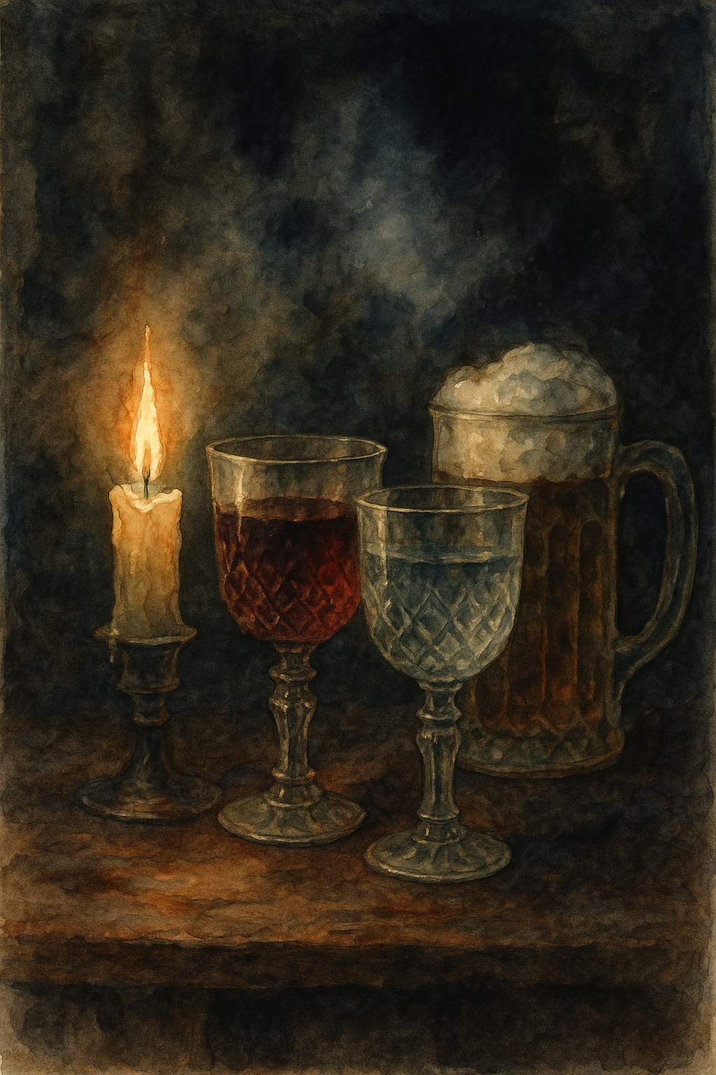 Schaurig Schne altertümliche Kelche aus Kristallglas mit Wein Wasser und einem Bierkrug bei Kerzenschein in Aquarell-1